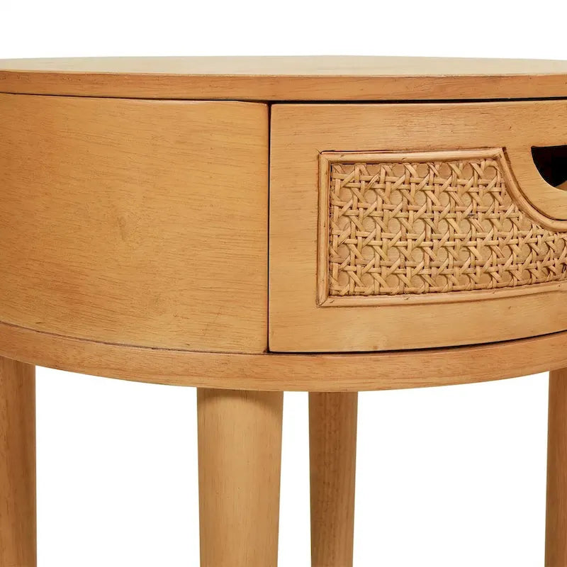 Cabana 18  Round Cane Rattan Storage Side Table, Natural Brown Oak Wood