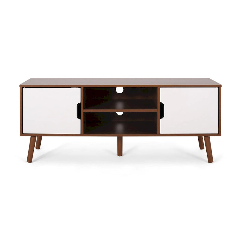 Mid-Century Modern White and Walnut TV Stand with 3 Drawers for TVs Up to 49