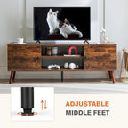 Can accommodate 60  TV, living room/bedroom TV media console, adjustable shelves, 2 storage cabinets, brown