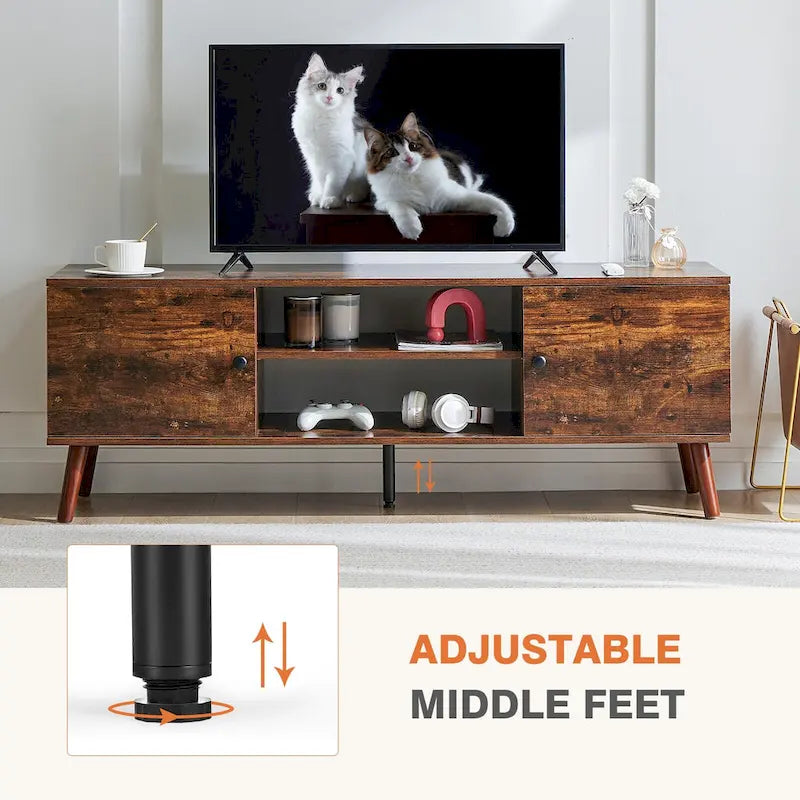 Can accommodate 60  TV, living room/bedroom TV media console, adjustable shelves, 2 storage cabinets, brown