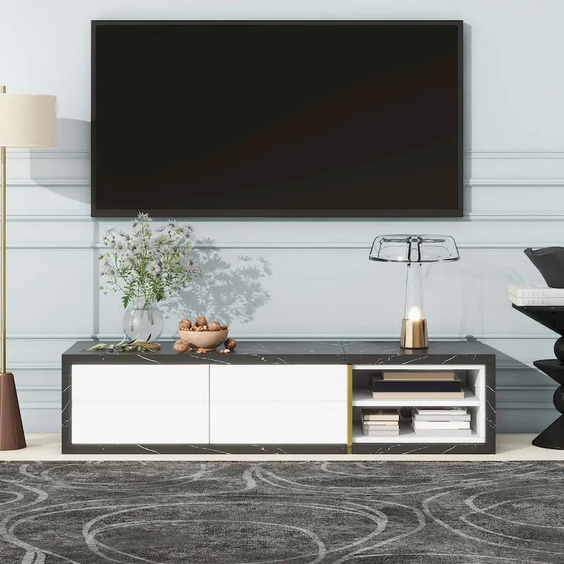 Extendable TV Stand with 2 Drawers and 4 Shelves