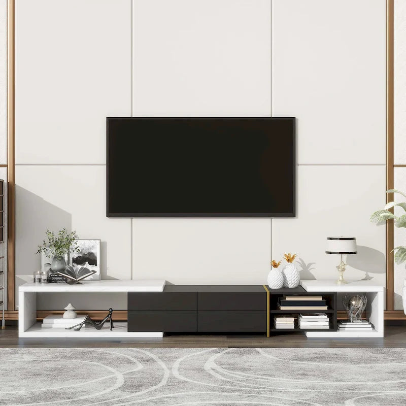 Extendable TV Stand with 2 Drawers and 4 Shelves