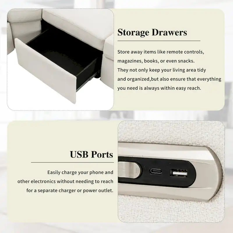 89  Power Recliner Sectional Sofa Home Theater Reclining Sofa with Two USB Ports, Two Storage Drawers for Living Room, Beige