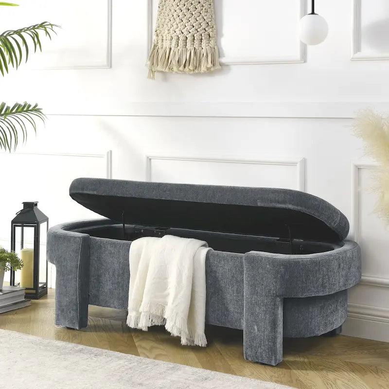 GDFStudio - Evelyn Chenille Upholstered Storage Bench with Turned Legs for Elegant Spaces