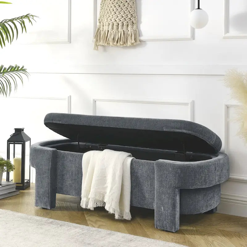 GDFStudio - Evelyn Chenille Upholstered Storage Bench with Turned Legs for Elegant Spaces