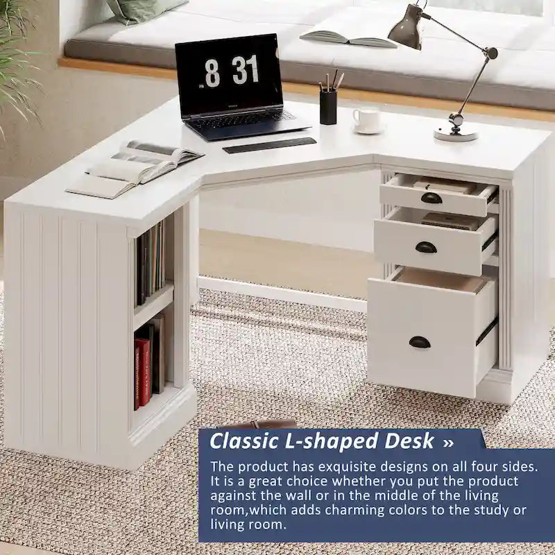 Modern L Shaped Executive Office Desk with 3 Drawers and Open Shelves for Home Office or Study Room Use