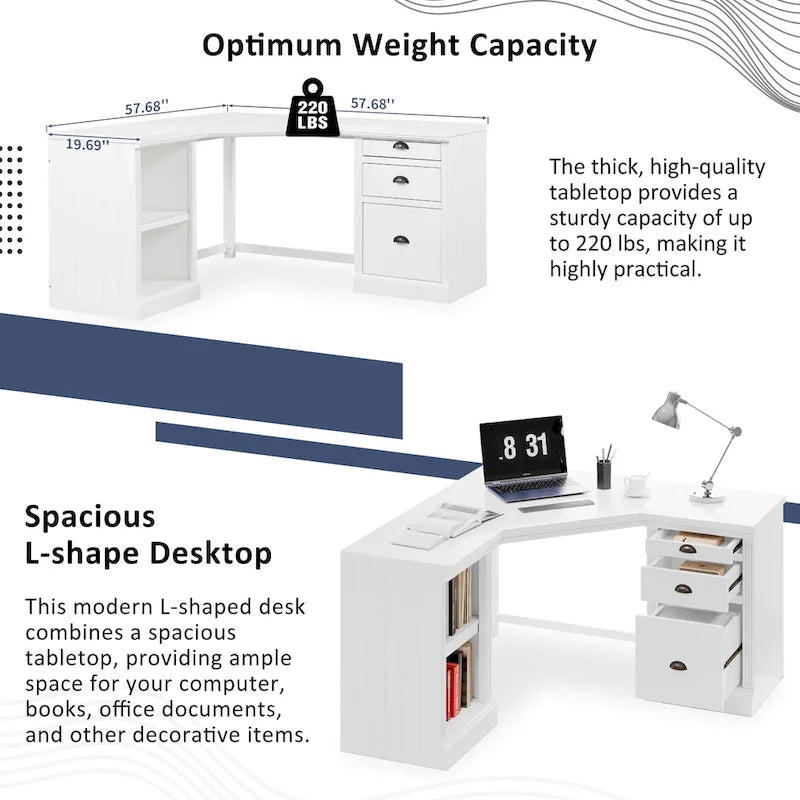 Modern L Shaped Executive Office Desk with 3 Drawers and Open Shelves for Home Office or Study Room Use