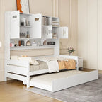 Twin Size Wooden Daybed with Trundle, Storage Cabinet & Shelves, White