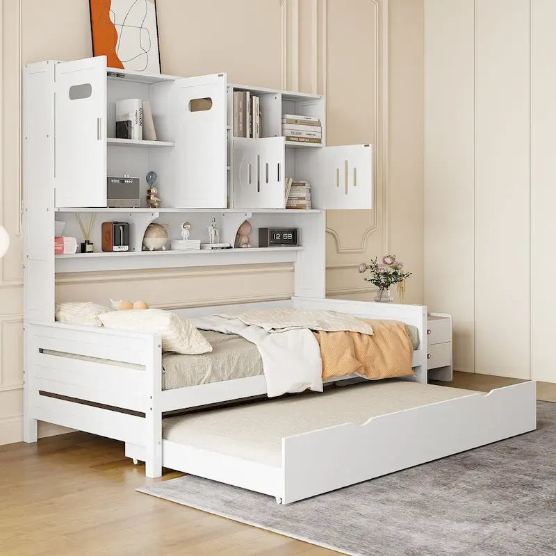Twin Size Wooden Daybed with Trundle, Storage Cabinet & Shelves, White