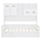 Twin Size Wooden Daybed with Trundle, Storage Cabinet & Shelves, White