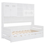 Twin Size Wooden Daybed with Trundle, Storage Cabinet & Shelves, White