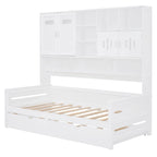 Twin Size Wooden Daybed with Trundle, Storage Cabinet & Shelves, White