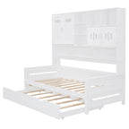 Twin Size Wooden Daybed with Trundle, Storage Cabinet & Shelves, White