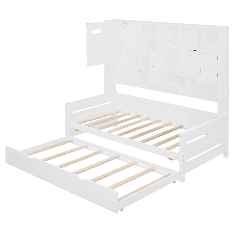 Twin Size Wooden Daybed with Trundle, Storage Cabinet & Shelves, White