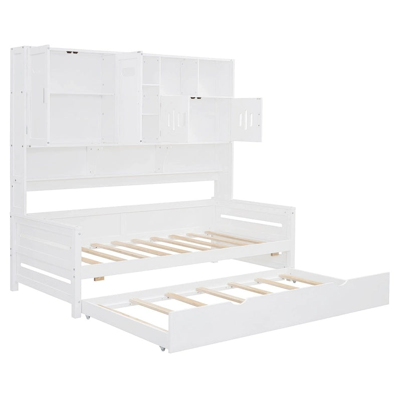 Twin Size Wooden Daybed with Trundle, Storage Cabinet & Shelves, White