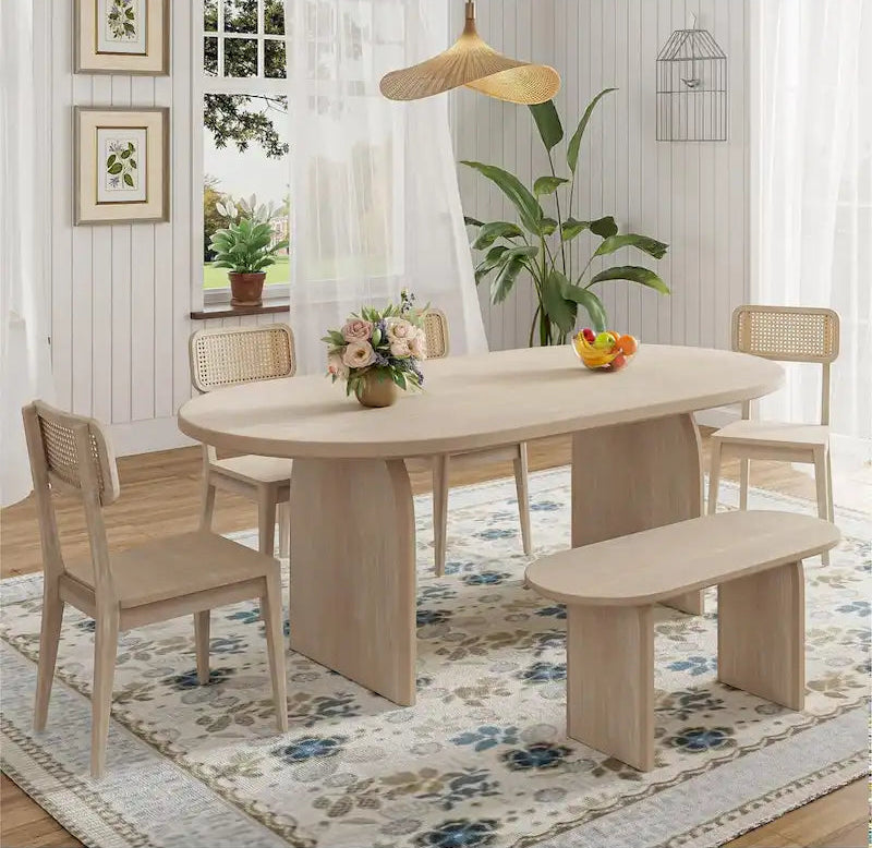 Dining Table Set for 6Oval Kitchen Table and Rattan-Back Chairs