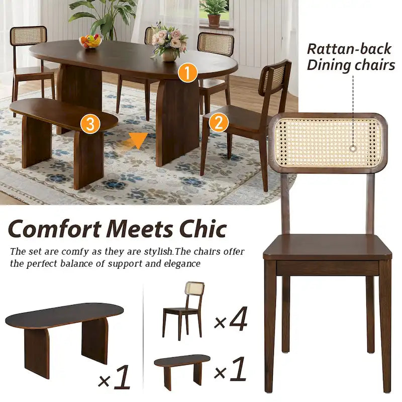 Dining Table Set for 6Oval Kitchen Table and Rattan-Back Chairs