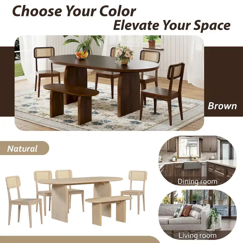 Dining Table Set for 6Oval Kitchen Table and Rattan-Back Chairs