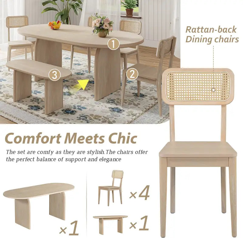 Dining Table Set for 6Oval Kitchen Table and Rattan-Back Chairs