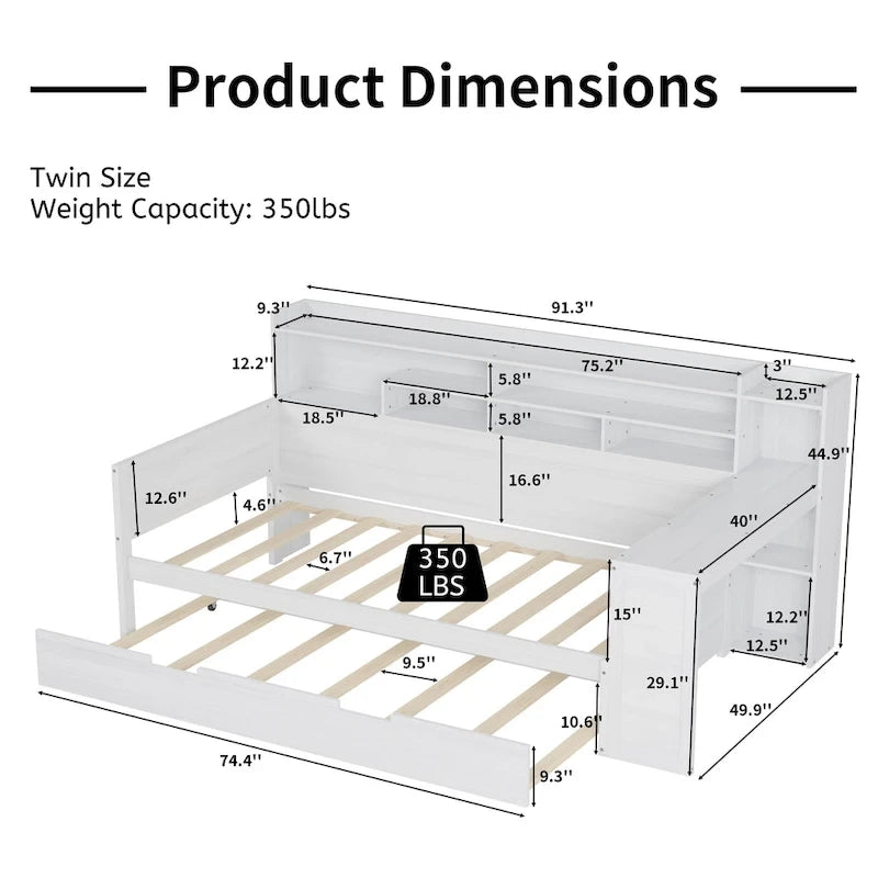 Twin Daybed with Shelves, Trundle & Desk