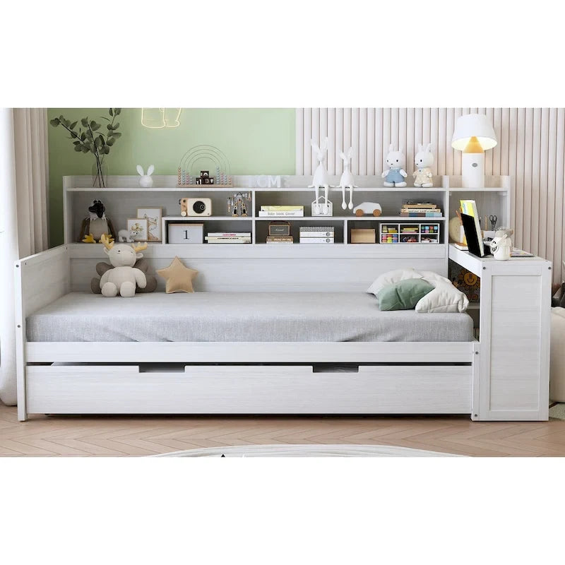 Twin Daybed with Shelves, Trundle & Desk