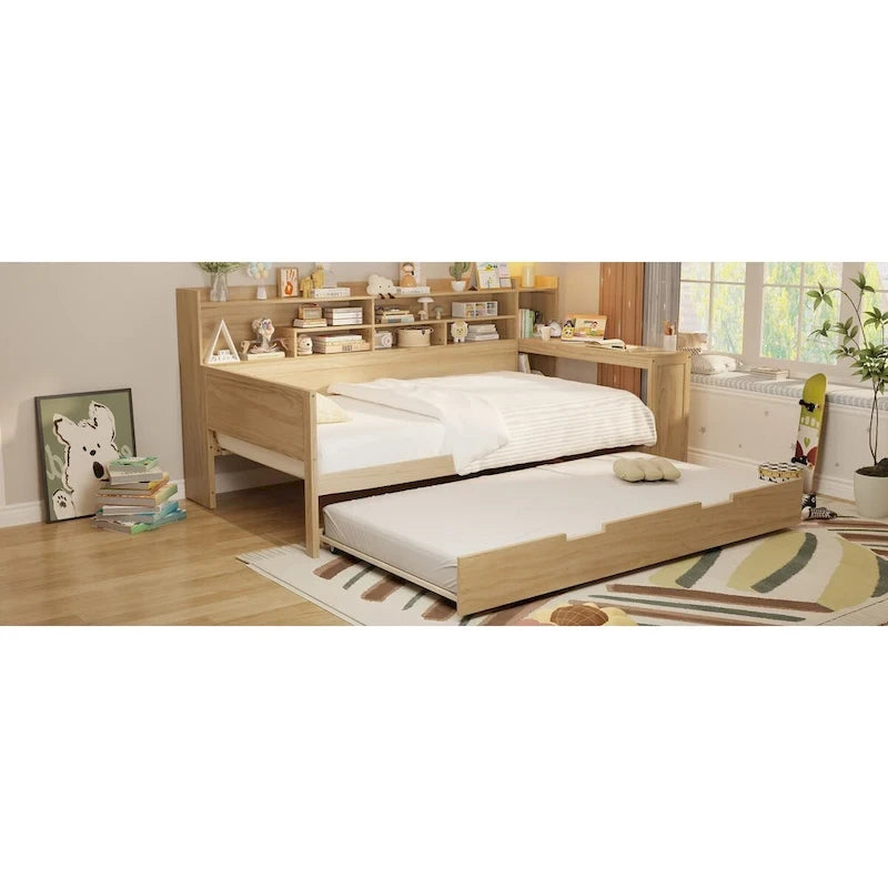 Twin Daybed with Shelves, Trundle & Desk