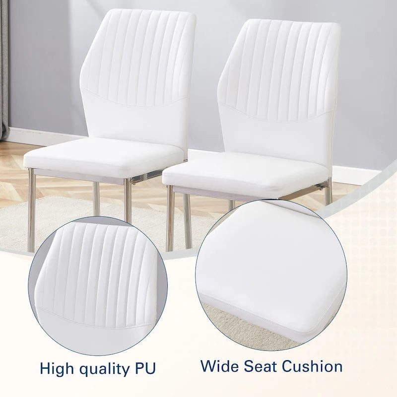 Luxury Simple Chair Set of 6 PU High Resilience Dining Chair with Metal Silver Leg Kitchen Armless Side Chair