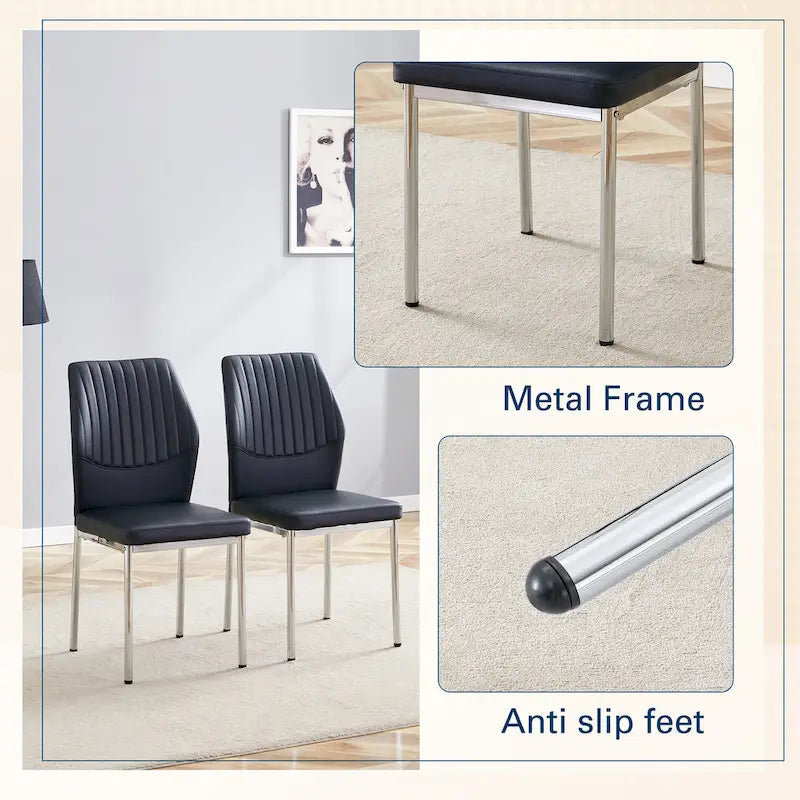 Luxury Simple Chair Set of 6 PU High Resilience Dining Chair with Metal Silver Leg Kitchen Armless Side Chair
