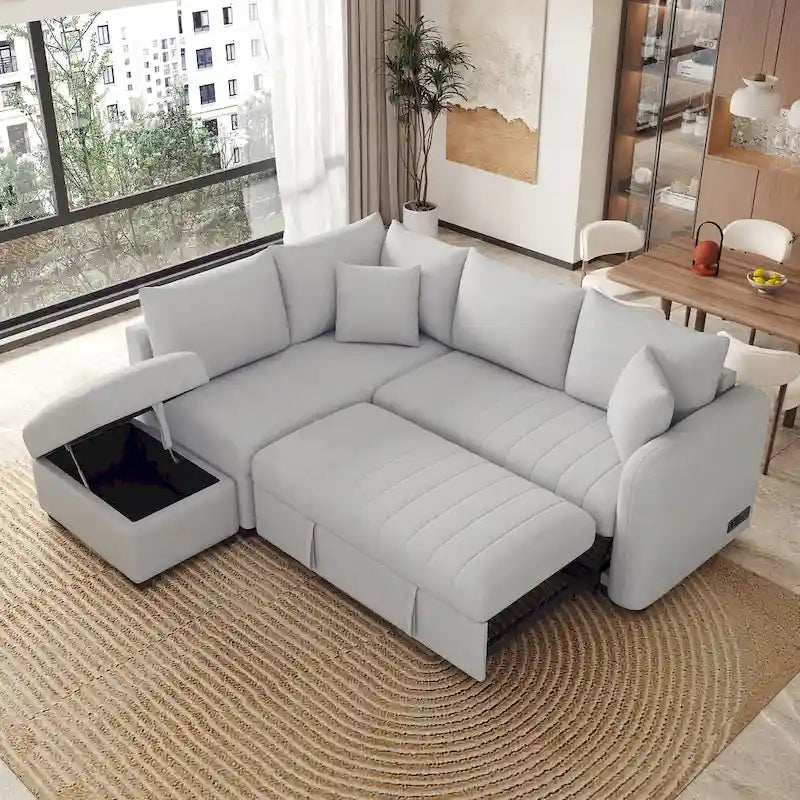 L-shaped Sectional Pull Out Sofa Bed, Recliner Sofa with 2 USB Ports, 2 Power Sockets and Movable Storage Ottoman