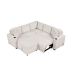 L-shaped Sectional Pull Out Sofa Bed, Recliner Sofa with 2 USB Ports, 2 Power Sockets and Movable Storage Ottoman