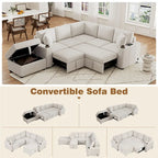 L-shaped Sectional Pull Out Sofa Bed, Recliner Sofa with 2 USB Ports, 2 Power Sockets and Movable Storage Ottoman
