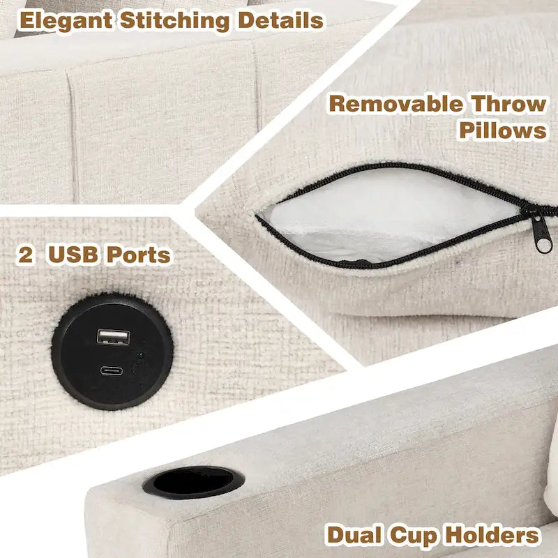 L-shaped Sectional Pull Out Sofa Bed, Recliner Sofa with 2 USB Ports, 2 Power Sockets and Movable Storage Ottoman