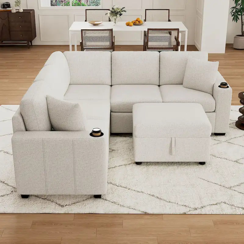 L-shaped Sectional Pull Out Sofa Bed, Recliner Sofa with 2 USB Ports, 2 Power Sockets and Movable Storage Ottoman
