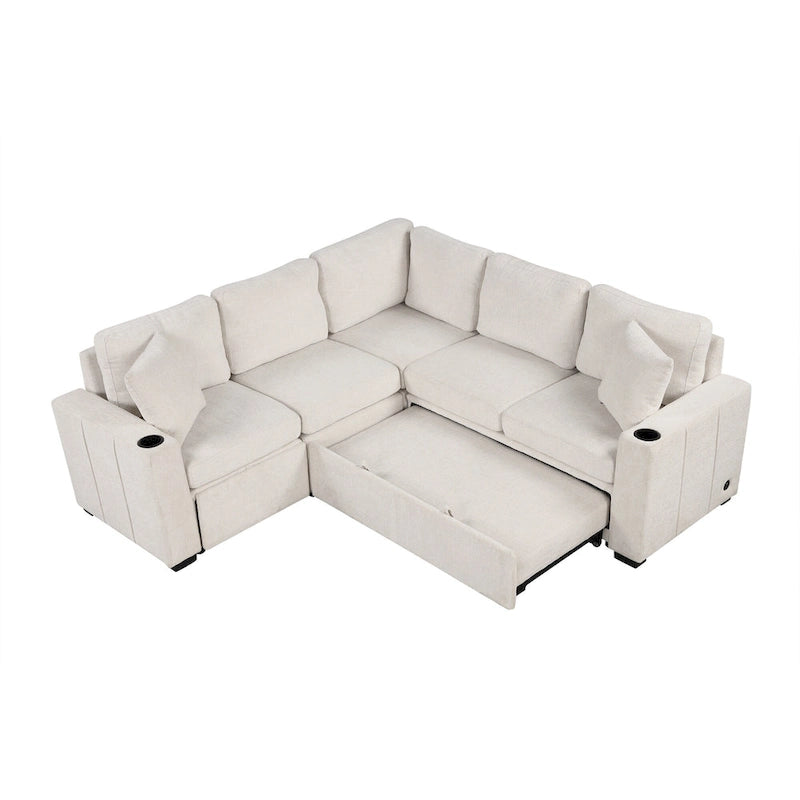 L-shaped Sectional Pull Out Sofa Bed, Recliner Sofa with 2 USB Ports, 2 Power Sockets and Movable Storage Ottoman