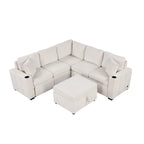L-shaped Sectional Pull Out Sofa Bed, Recliner Sofa with 2 USB Ports, 2 Power Sockets and Movable Storage Ottoman