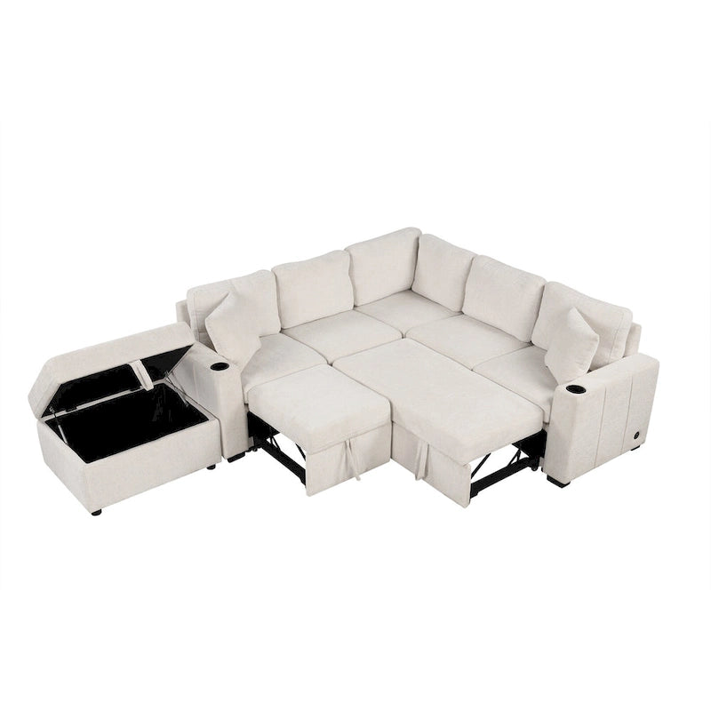 L-shaped Sectional Pull Out Sofa Bed, Recliner Sofa with 2 USB Ports, 2 Power Sockets and Movable Storage Ottoman