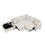 L-shaped Sectional Pull Out Sofa Bed, Recliner Sofa with 2 USB Ports, 2 Power Sockets and Movable Storage Ottoman