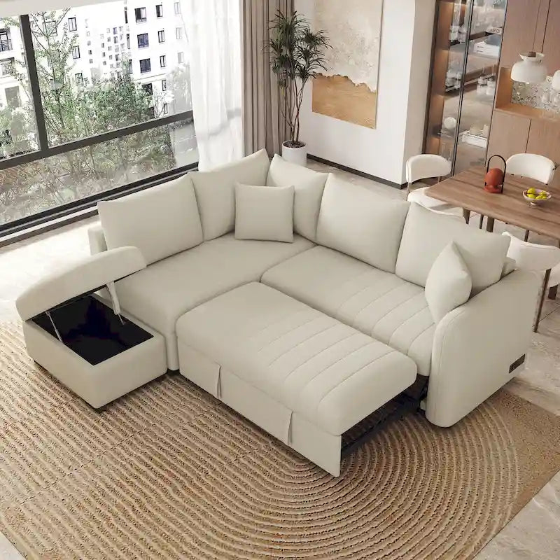 L-shaped Sectional Pull Out Sofa Bed, Recliner Sofa with 2 USB Ports, 2 Power Sockets and Movable Storage Ottoman