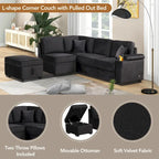 L-shaped Sectional Pull Out Sofa Bed, Recliner Sofa with 2 USB Ports, 2 Power Sockets and Movable Storage Ottoman