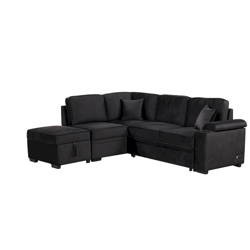 L-shaped Sectional Pull Out Sofa Bed, Recliner Sofa with 2 USB Ports, 2 Power Sockets and Movable Storage Ottoman