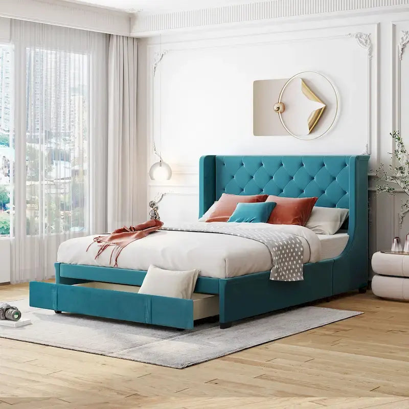 Queen Size Storage Bed Velvet Upholstered Platform Bed with Wingback Headboard and a Big Drawer