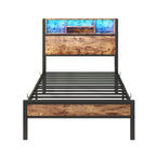 Twin Size Bed Frame with Storage Headboard, Metal Platform Bed with Charging Station, Bookcase Storage, No Box Spring Needed