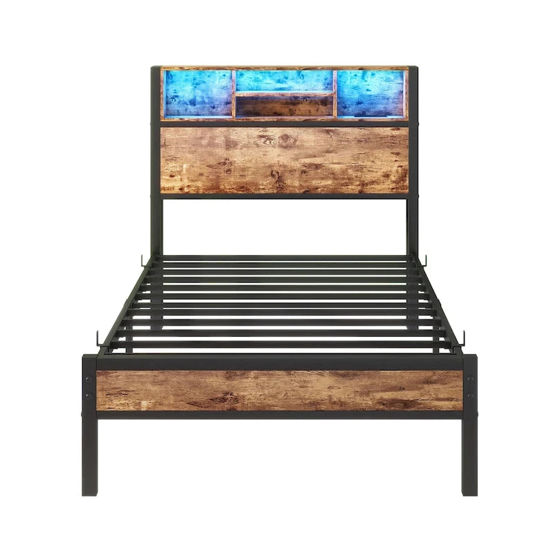 Twin Size Bed Frame with Storage Headboard, Metal Platform Bed with Charging Station, Bookcase Storage, No Box Spring Needed