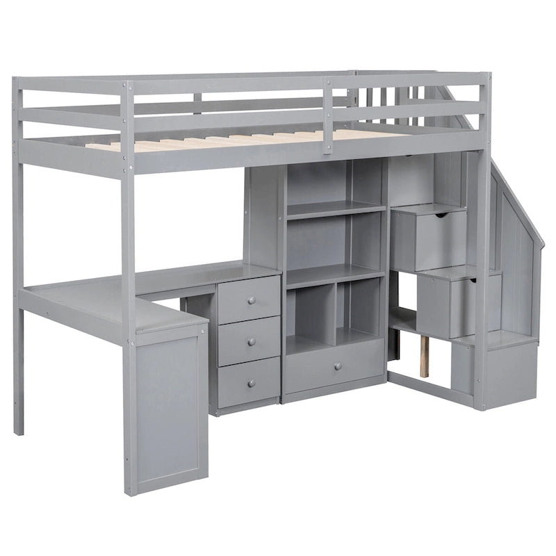 Twin Size Loft Bed w/L-Shaped Desk,Drawers,Cabinet,Storage Staircase