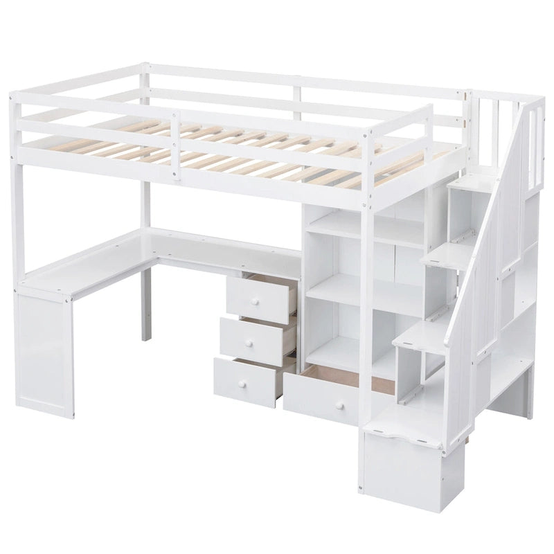Twin Size Loft Bed w/L-Shaped Desk,Drawers,Cabinet,Storage Staircase