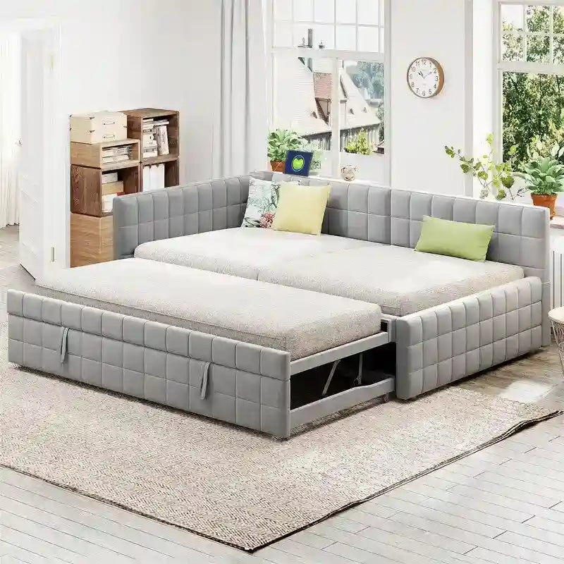 Full Size Upholstered Daybed with Twin Size Pop Up Trundle and USB Ports, Modern Daybed Frame Sofa Bed with L-Shaped Backrest