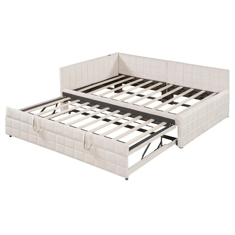 Full Size Upholstered Daybed with Twin Size Pop Up Trundle and USB Ports, Modern Daybed Frame Sofa Bed with L-Shaped Backrest