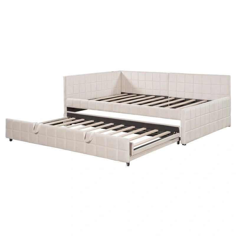 Full Size Upholstered Daybed with Twin Size Pop Up Trundle and USB Ports, Modern Daybed Frame Sofa Bed with L-Shaped Backrest