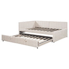 Full Size Upholstered Daybed with Twin Size Pop Up Trundle and USB Ports, Modern Daybed Frame Sofa Bed with L-Shaped Backrest