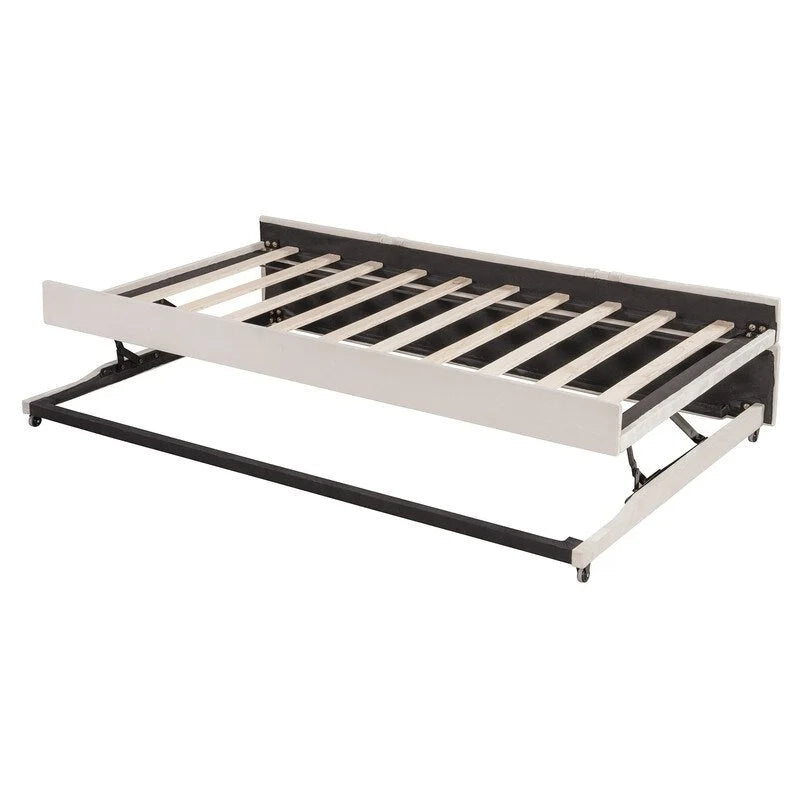 Full Size Upholstered Daybed with Twin Size Pop Up Trundle and USB Ports, Modern Daybed Frame Sofa Bed with L-Shaped Backrest